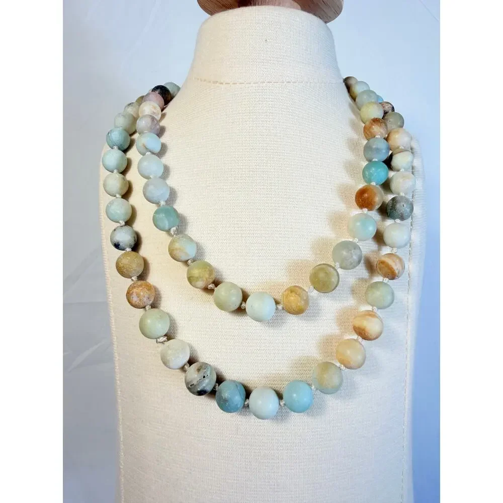 Natural Stone Beaded Necklace Knotted 36”Polished Multi Color Double